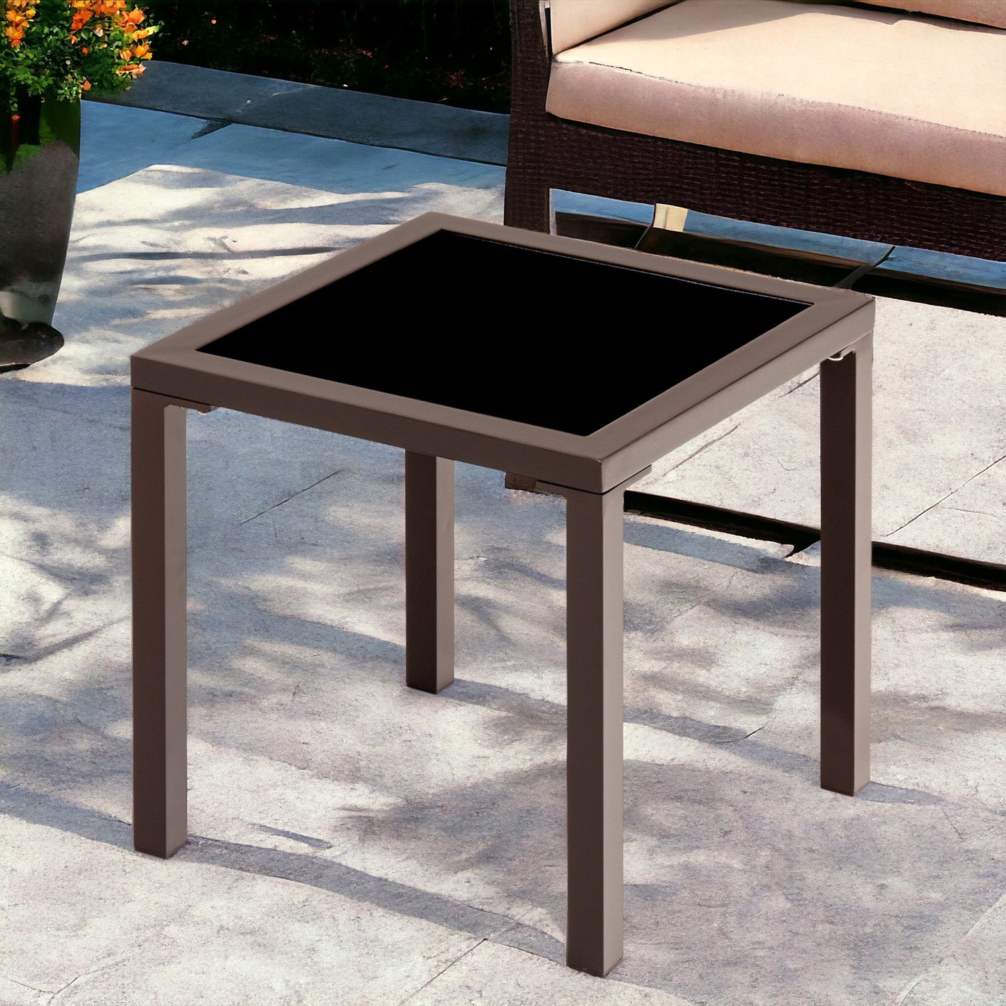 16" Black Square Glass Outdoor Side Table