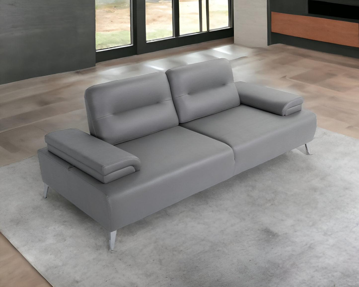 89" Light Gray Leather Convertible Sofa And Toss Pillows With Silver Legs