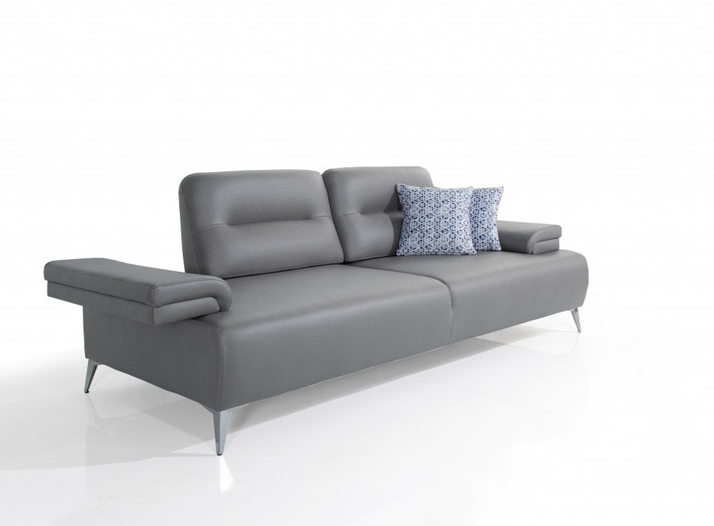89" Light Gray Leather Convertible Sofa And Toss Pillows With Silver Legs HomeRoots