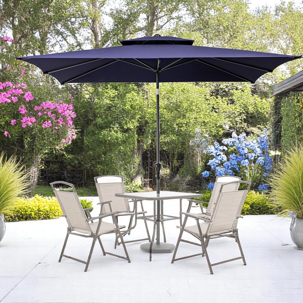 10' Navy Polyester Rectangular Tilt Market Patio Umbrella With Stand HomeRoots