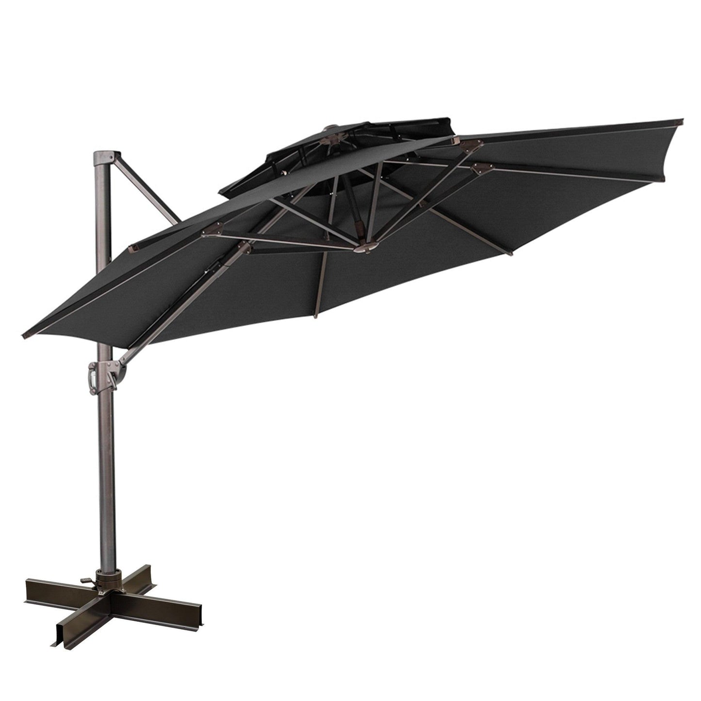 12' Black Polyester Round Tilt Cantilever Patio Umbrella With Stand - FurniFindUSA