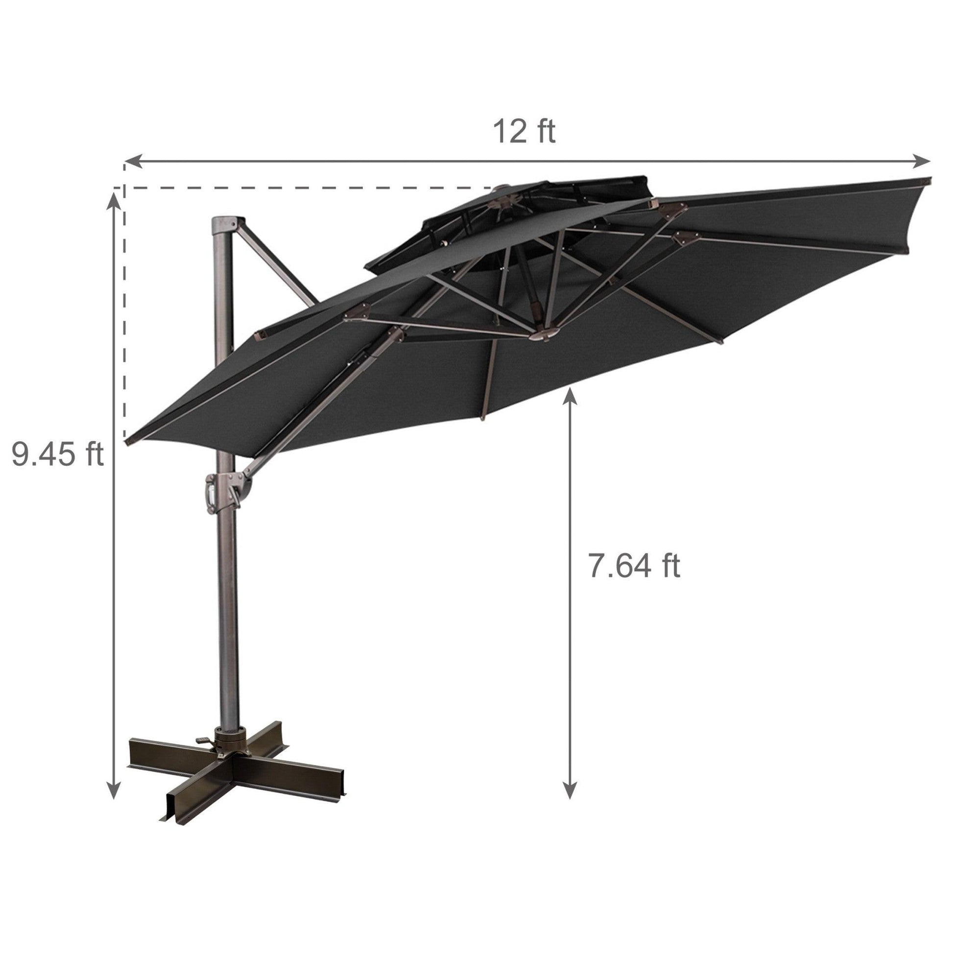 12' Black Polyester Round Tilt Cantilever Patio Umbrella With Stand - FurniFindUSA