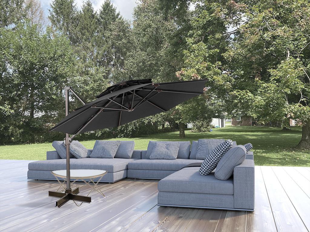 12' Black Polyester Round Tilt Cantilever Patio Umbrella With Stand - FurniFindUSA