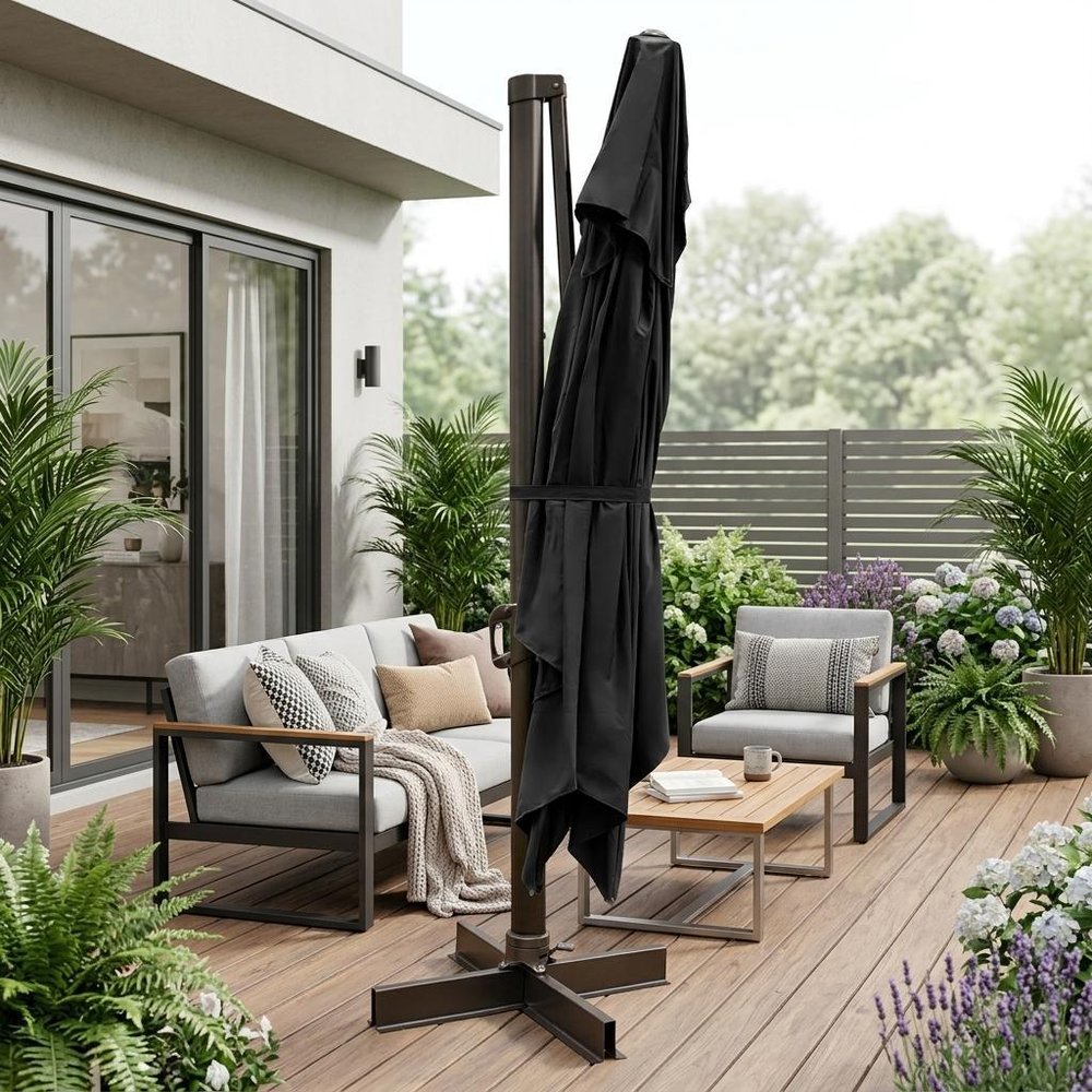 13' Black Polyester Rectangular Tilt Cantilever Patio Umbrella with Stand — view 6