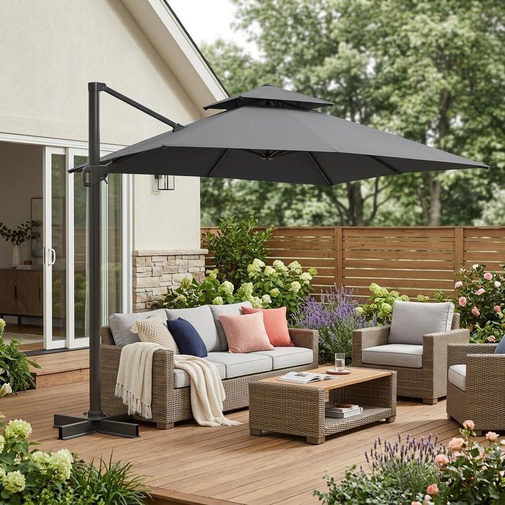 13' Gray Polyester Rectangular Tilt Cantilever Patio Umbrella with Stand — view 7