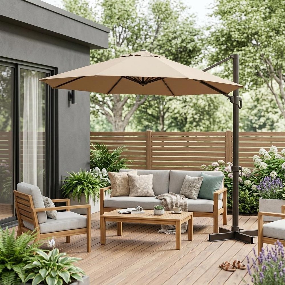 13' Tan Polyester Rectangular Tilt Cantilever Patio Umbrella with Stand — view 6