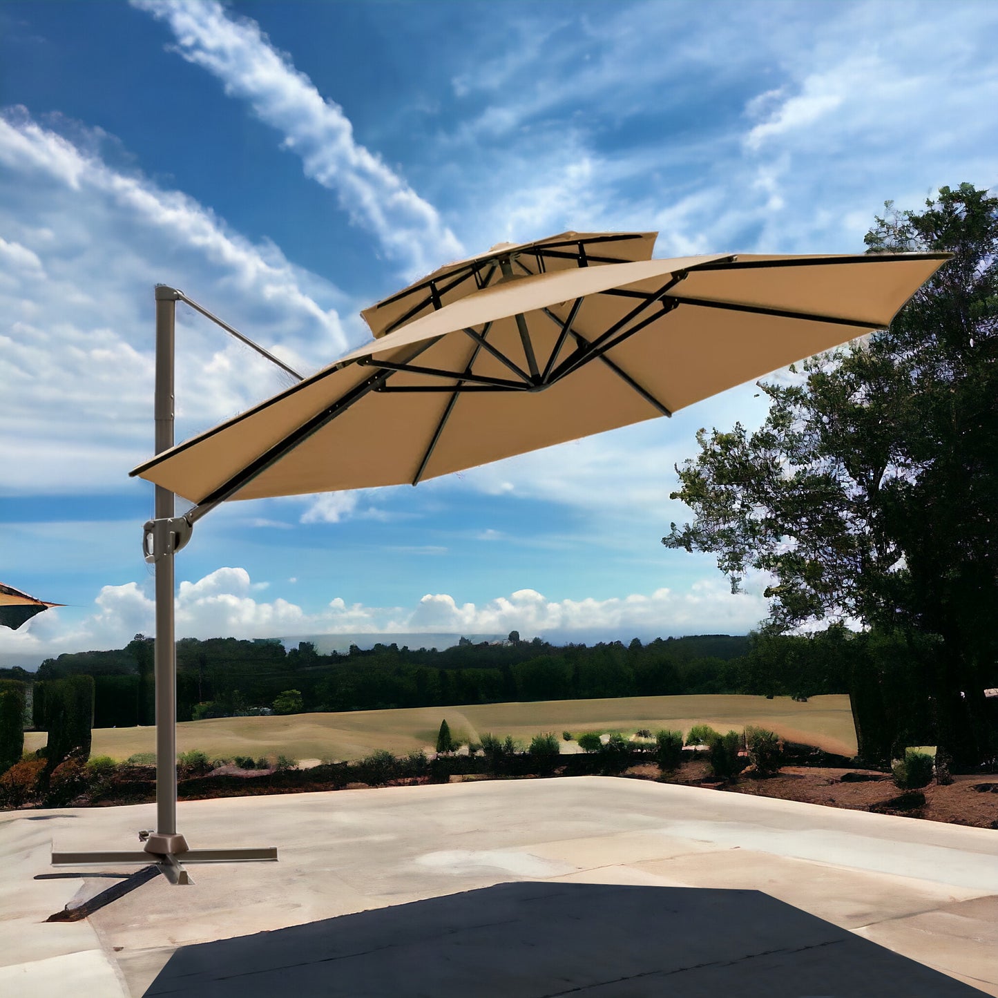 11.5' Tan Polyester Round Tilt Cantilever Patio Umbrella With Stand