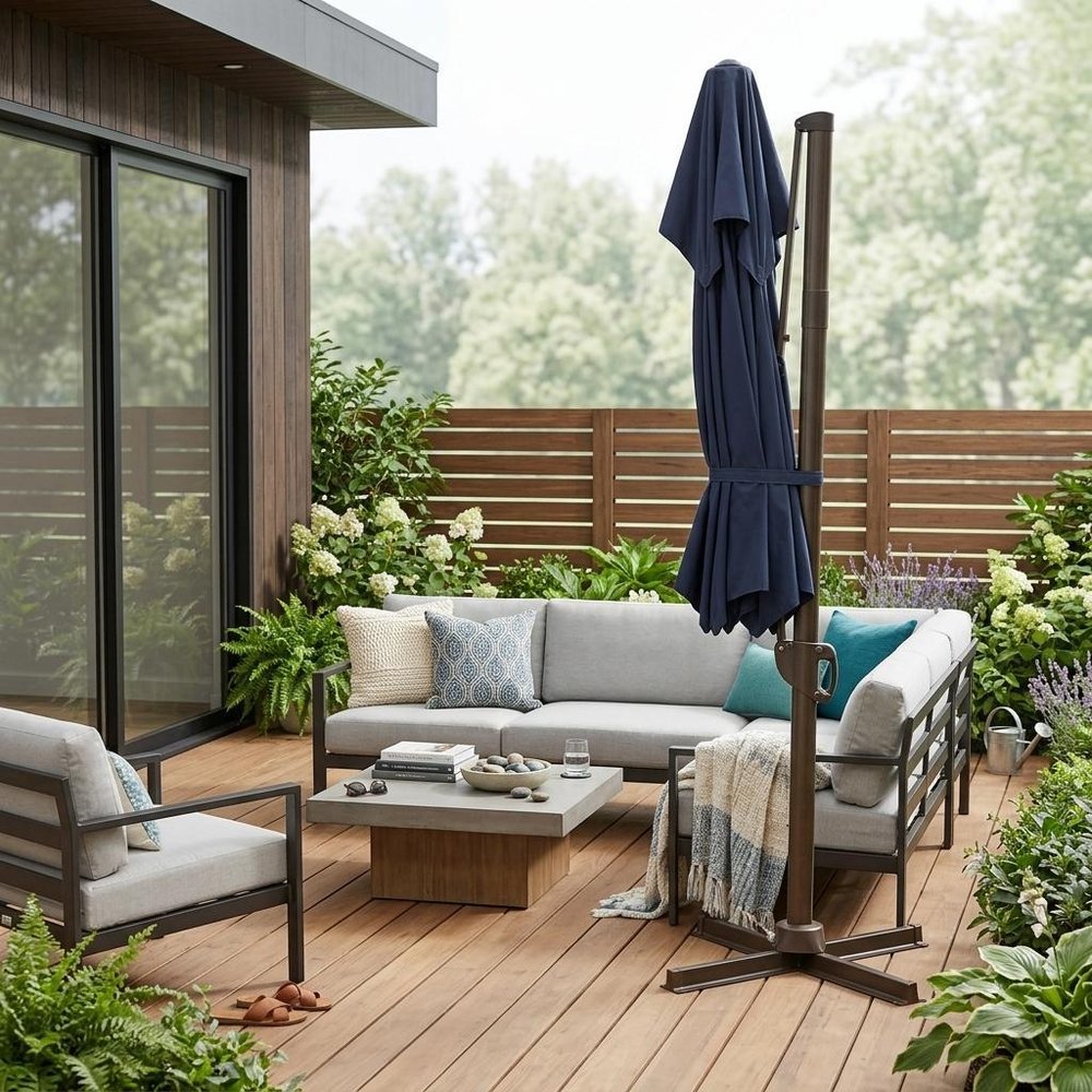 10' Navy Blue Polyester Square Tilt Cantilever Patio Umbrella with Stand — view 5