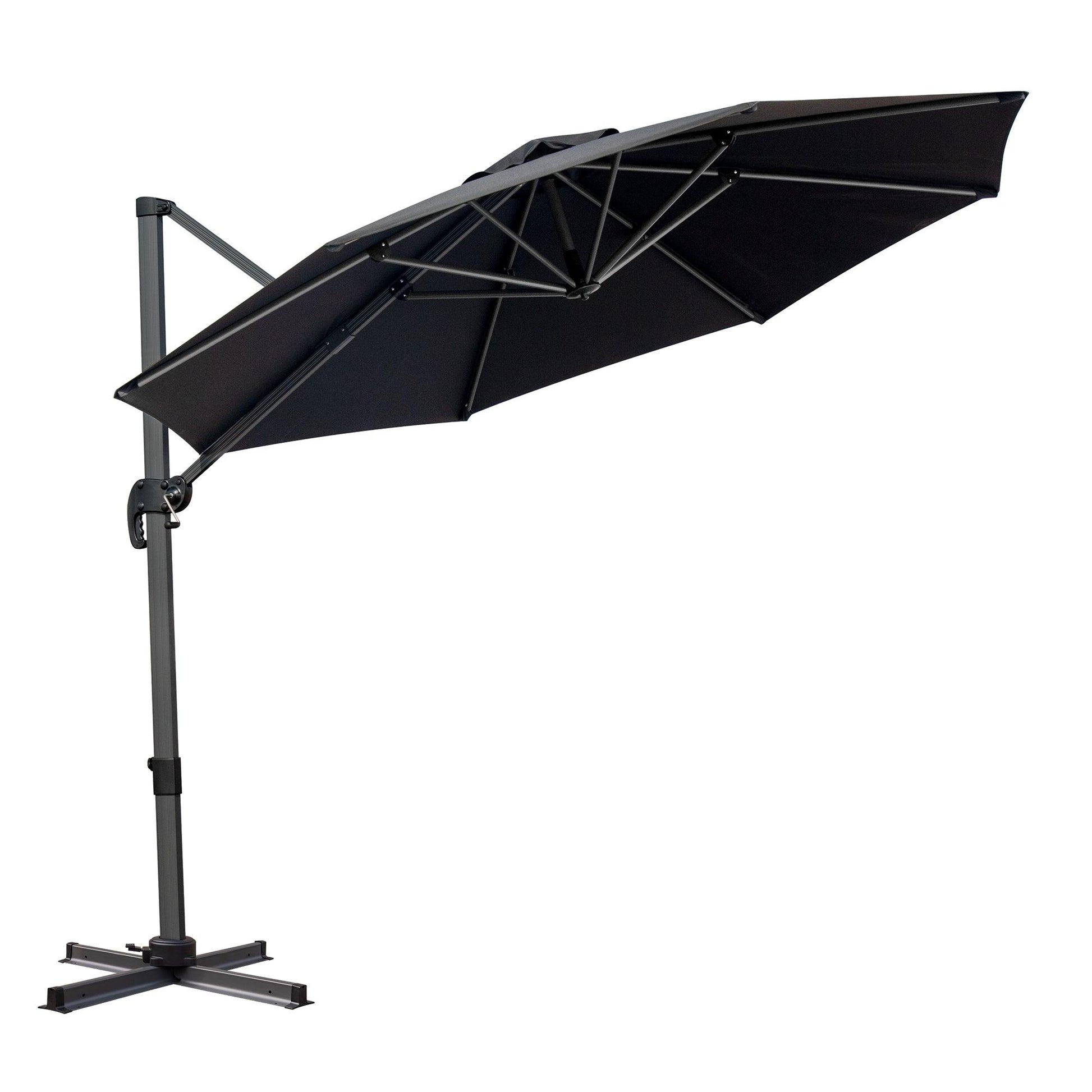 10' Black Polyester Round Tilt Cantilever Patio Umbrella With Stand - FurniFindUSA