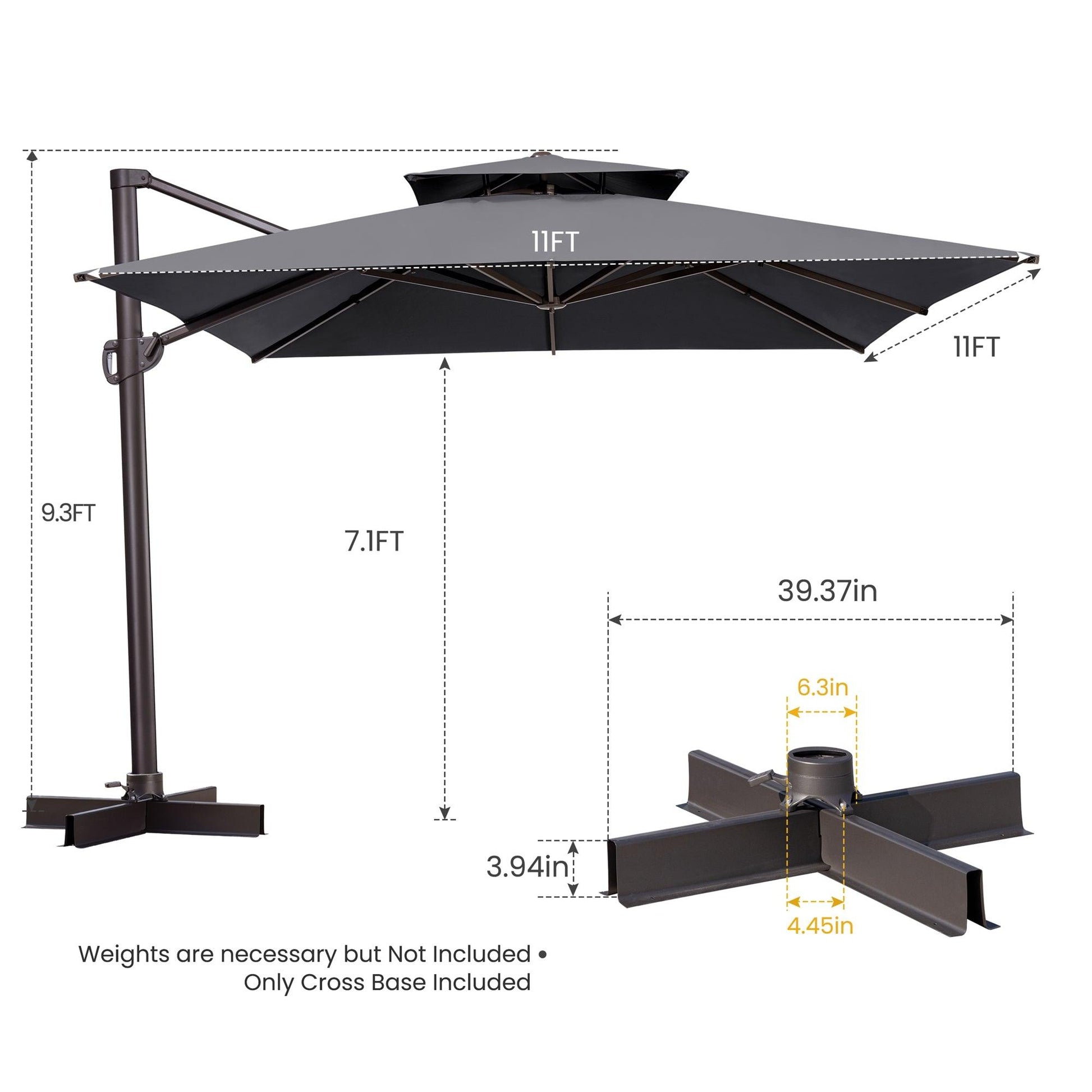 11' Dark Gray Polyester Square Tilt Cantilever Patio Umbrella With Stand - FurniFindUSA