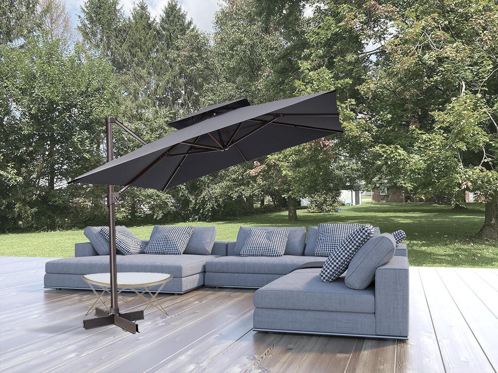 11' Dark Gray Polyester Square Tilt Cantilever Patio Umbrella With Stand - FurniFindUSA