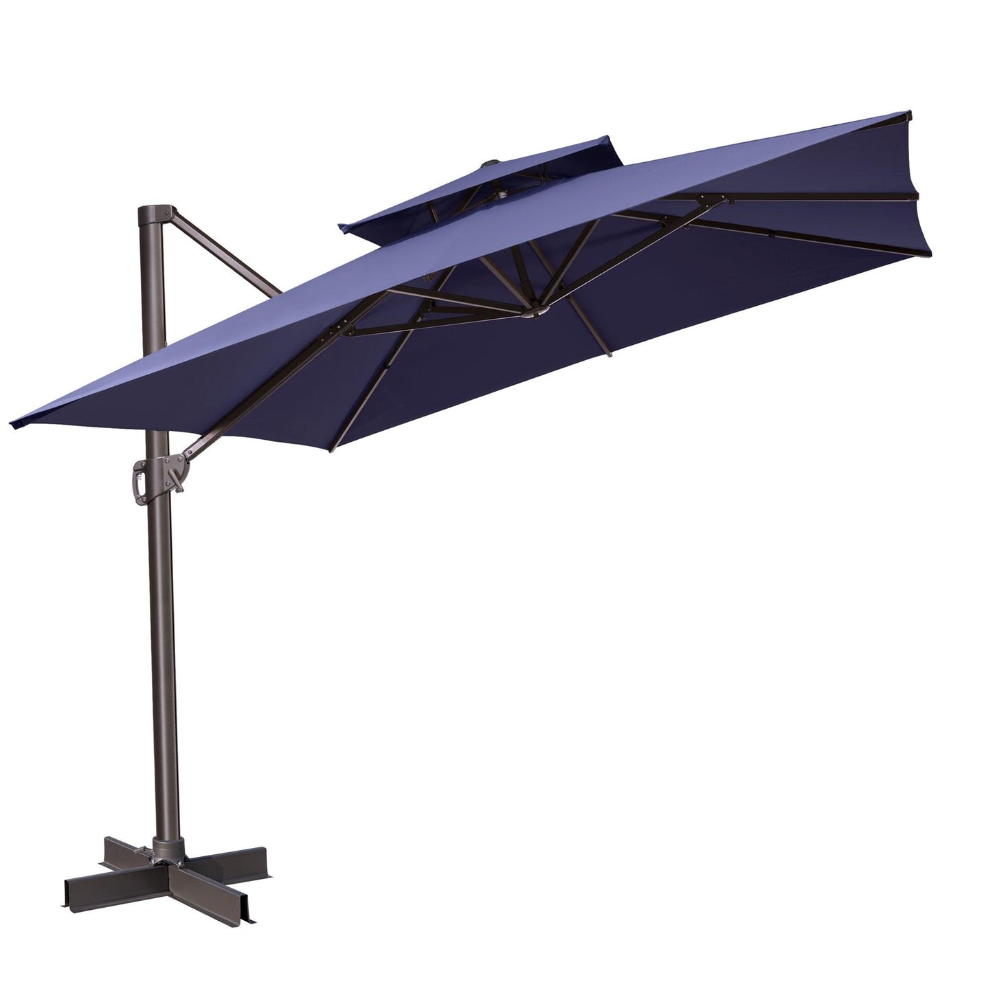 11' Navy Blue Polyester Square Tilt Cantilever Patio Umbrella With Stand - FurniFindUSA