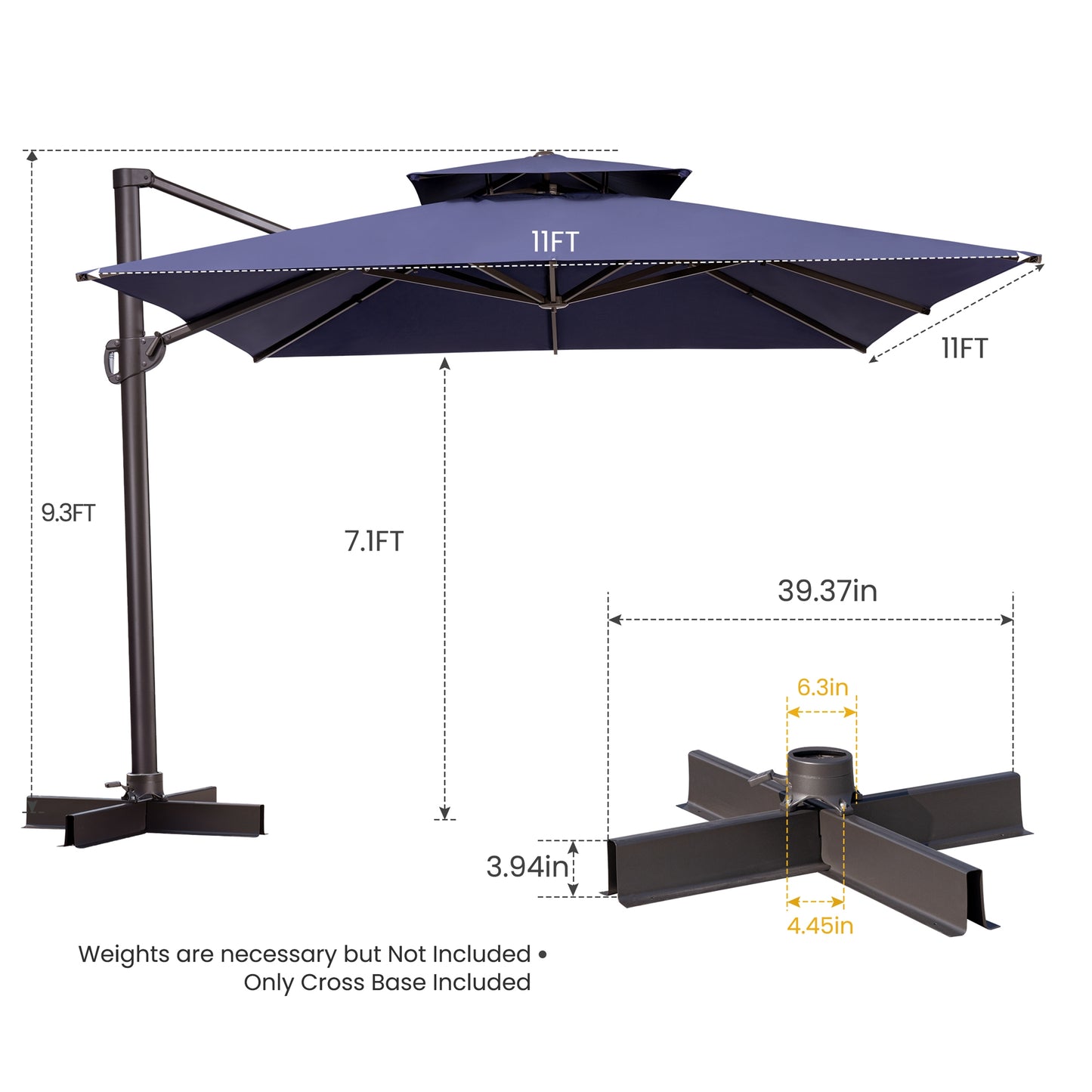 11' Navy Blue Polyester Square Tilt Cantilever Patio Umbrella With Stand