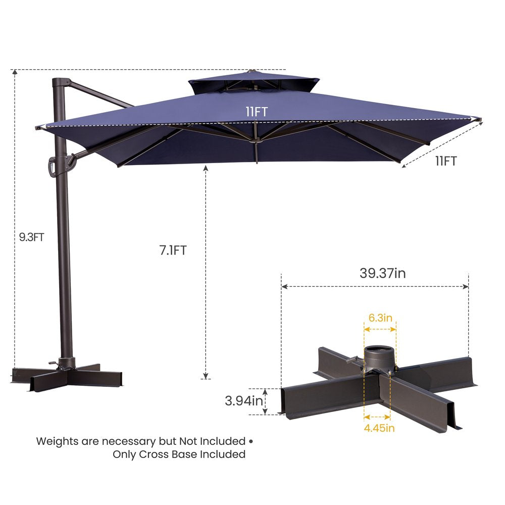 11' Navy Blue Polyester Square Tilt Cantilever Patio Umbrella With Stand HomeRoots