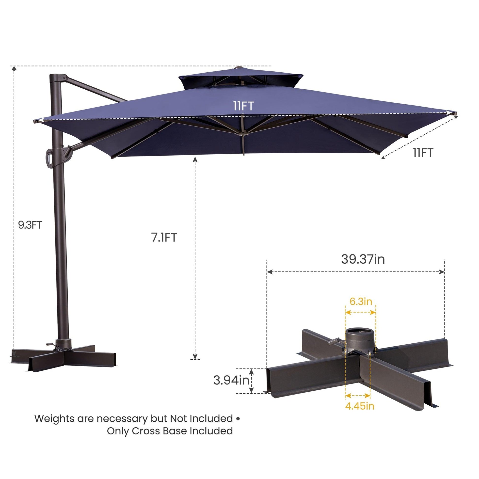 11' Navy Blue Polyester Square Tilt Cantilever Patio Umbrella With Stand - FurniFindUSA