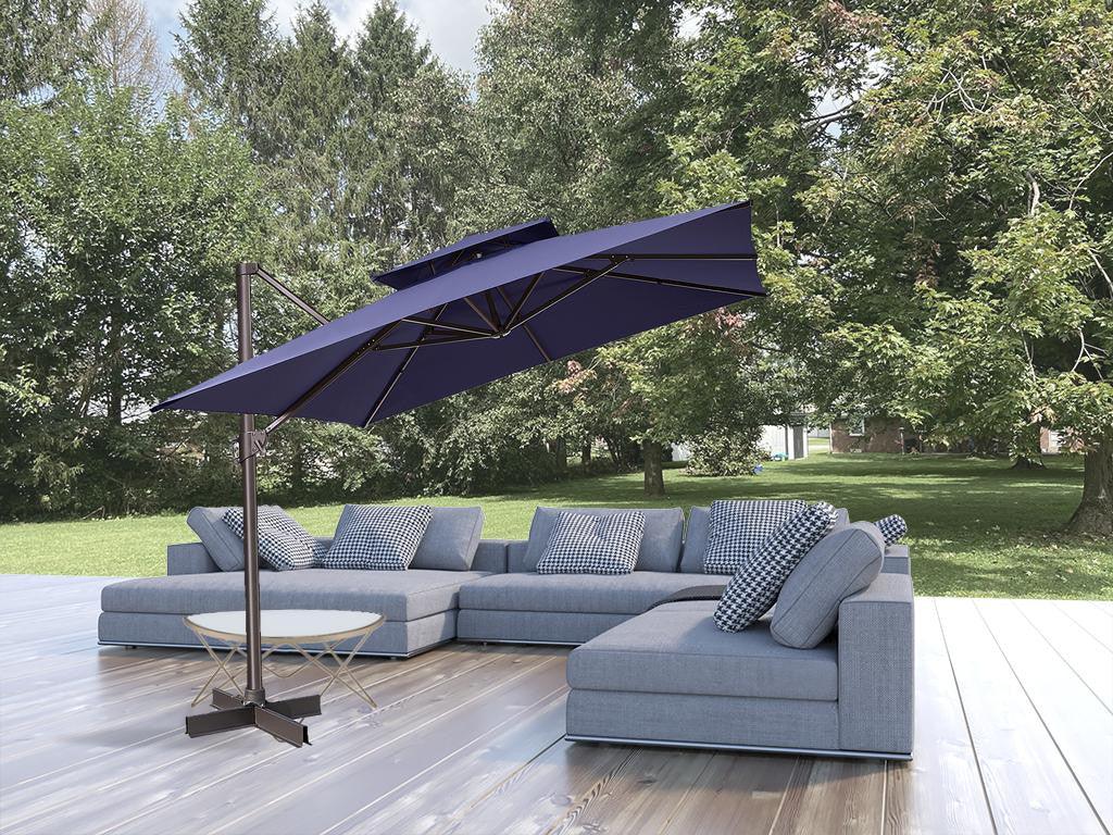 11' Navy Blue Polyester Square Tilt Cantilever Patio Umbrella With Stand - FurniFindUSA