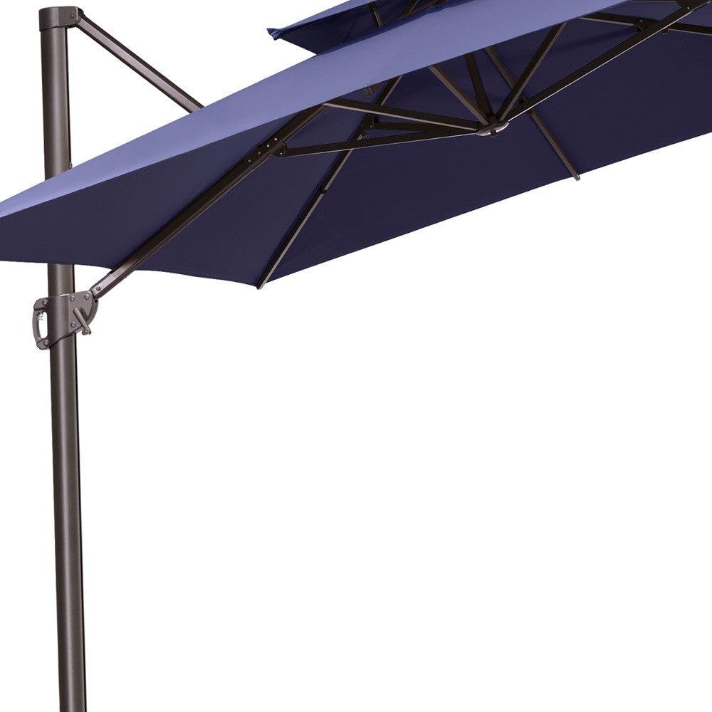 11' Navy Blue Polyester Square Tilt Cantilever Patio Umbrella With Stand - FurniFindUSA