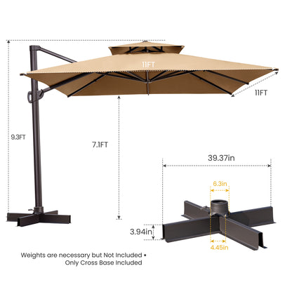 11' Tan Polyester Square Tilt Cantilever Patio Umbrella With Stand