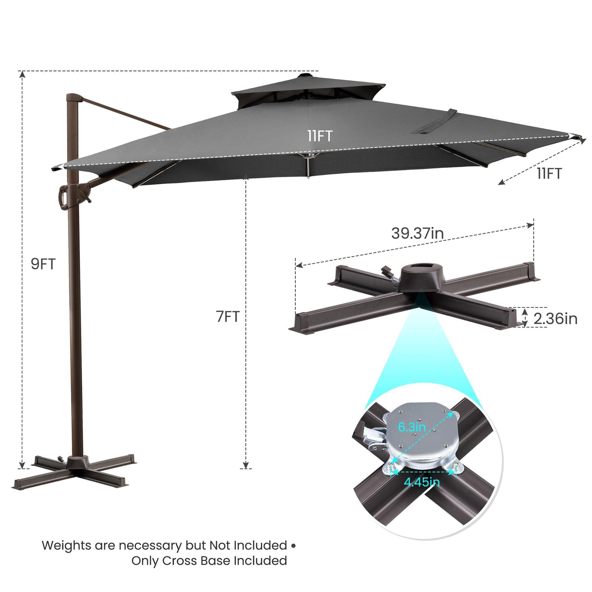 11' Dark Gray Polyester Round Tilt Cantilever Patio Umbrella With Stand - FurniFindUSA