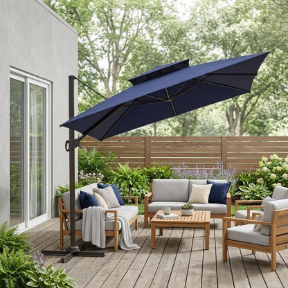 11' Navy Blue Polyester Round Tilt Cantilever Patio Umbrella with Stand HomeRoots