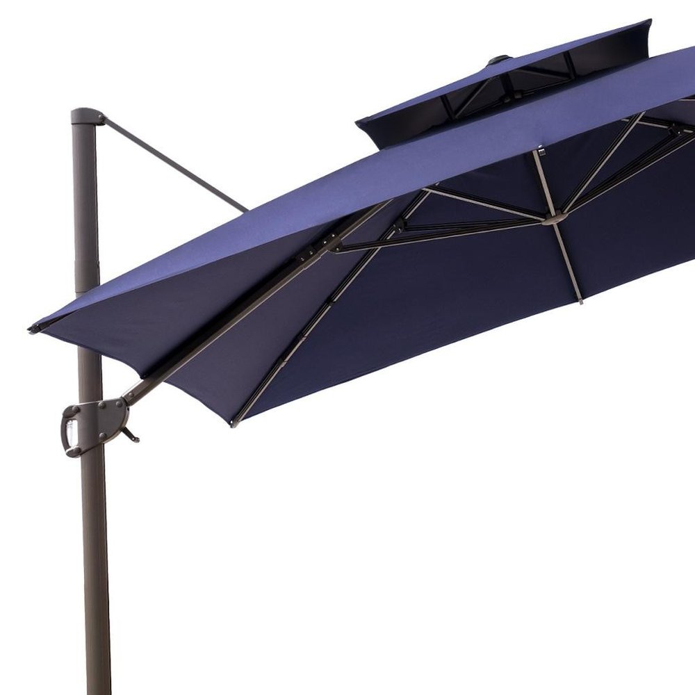 11' Navy Blue Polyester Round Tilt Cantilever Patio Umbrella with Stand HomeRoots