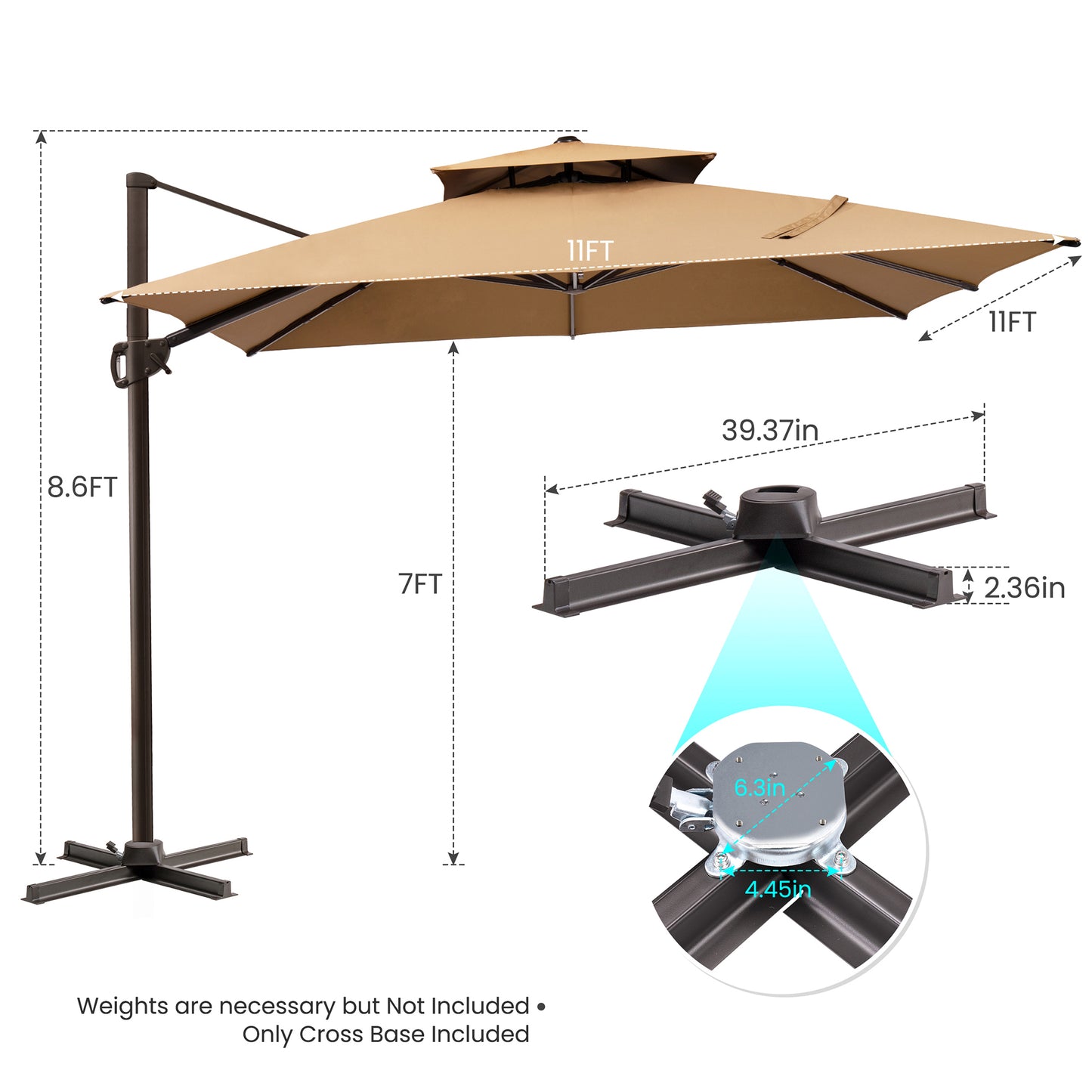 11' Tan Polyester Round Tilt Cantilever Patio Umbrella With Stand