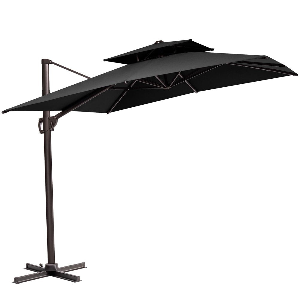 11' Black Polyester Round Tilt Cantilever Patio Umbrella with Stand — view 1