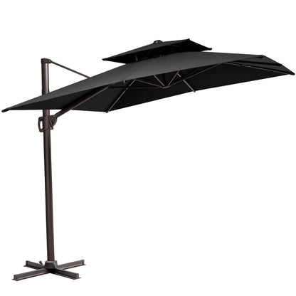 11' Black Polyester Round Tilt Cantilever Patio Umbrella with Stand