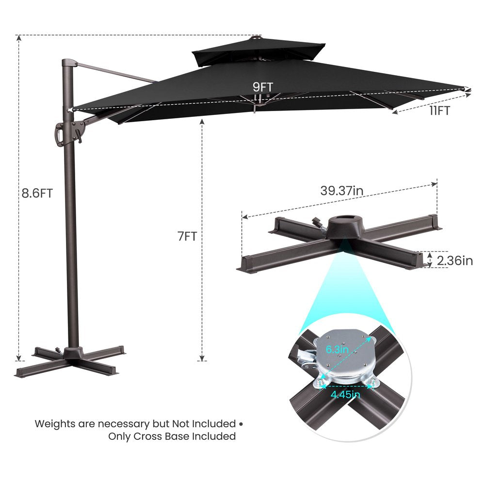 11' Black Polyester Round Tilt Cantilever Patio Umbrella with Stand — view 2