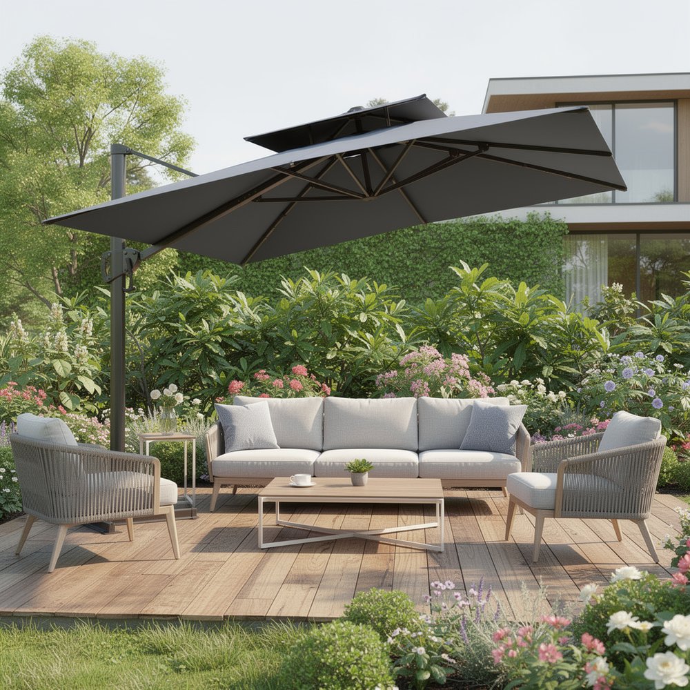 11' Gray Polyester Round Tilt Cantilever Patio Umbrella with Stand HomeRoots