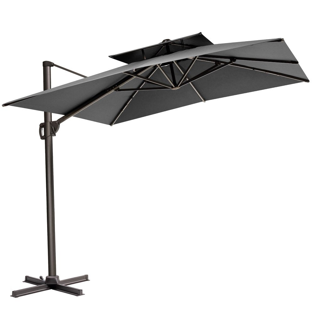 11' Gray Polyester Round Tilt Cantilever Patio Umbrella with Stand HomeRoots