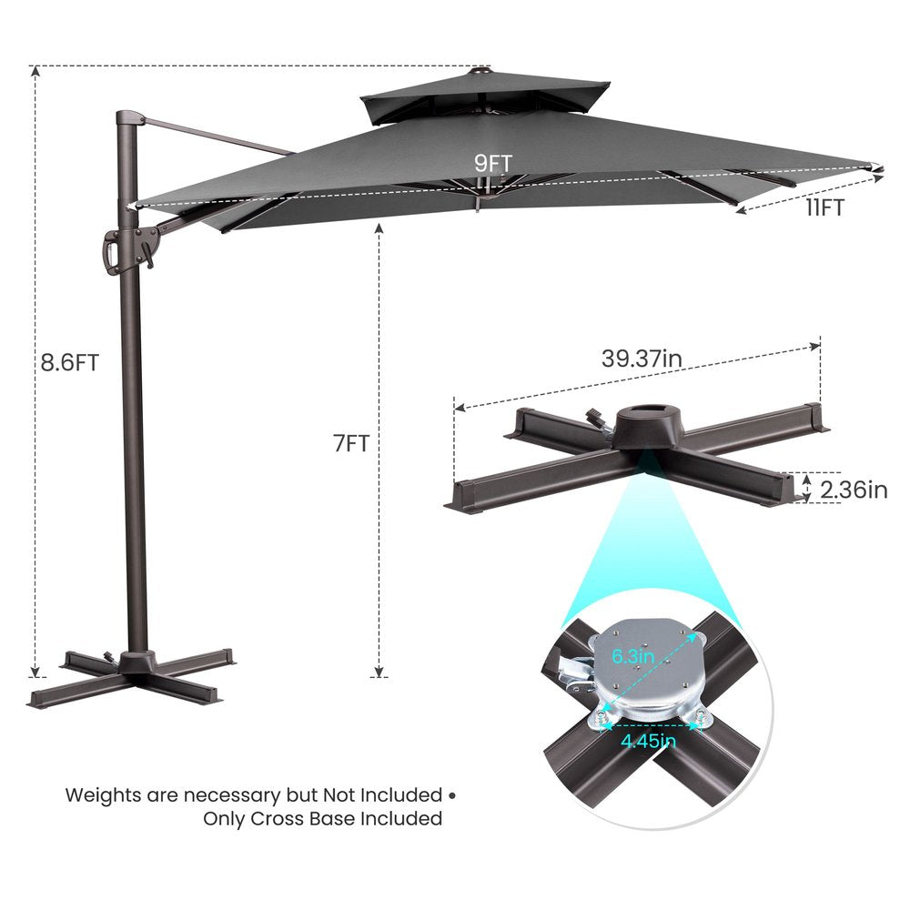 11' Dark Gray Polyester Round Tilt Cantilever Patio Umbrella With Stand HomeRoots