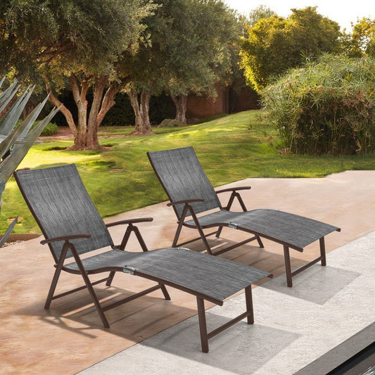 Set of Two Gray Aluminum Eight Position Adjustable Sling Outdoor Folding Chaise Lounges