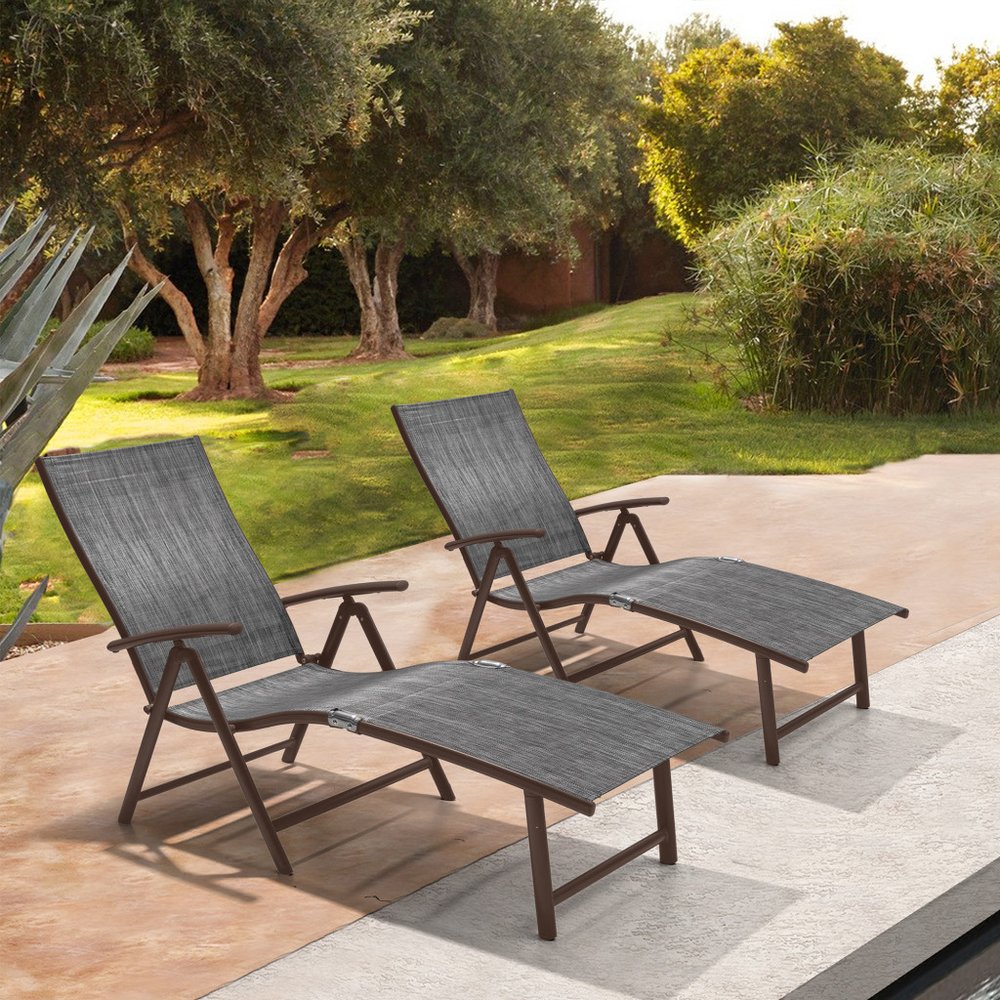 Set of Two Gray Aluminum Eight Position Adjustable Sling Outdoor Folding Chaise Lounges HomeRoots
