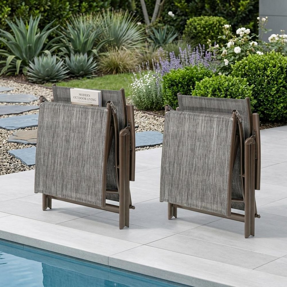 Set of Two Gray Aluminum Eight Position Adjustable Sling Outdoor Folding Chaise Lounges HomeRoots