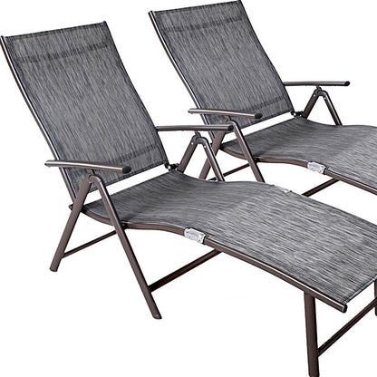 Set of Two Gray Aluminum Eight Position Adjustable Sling Outdoor Folding Chaise Lounges HomeRoots