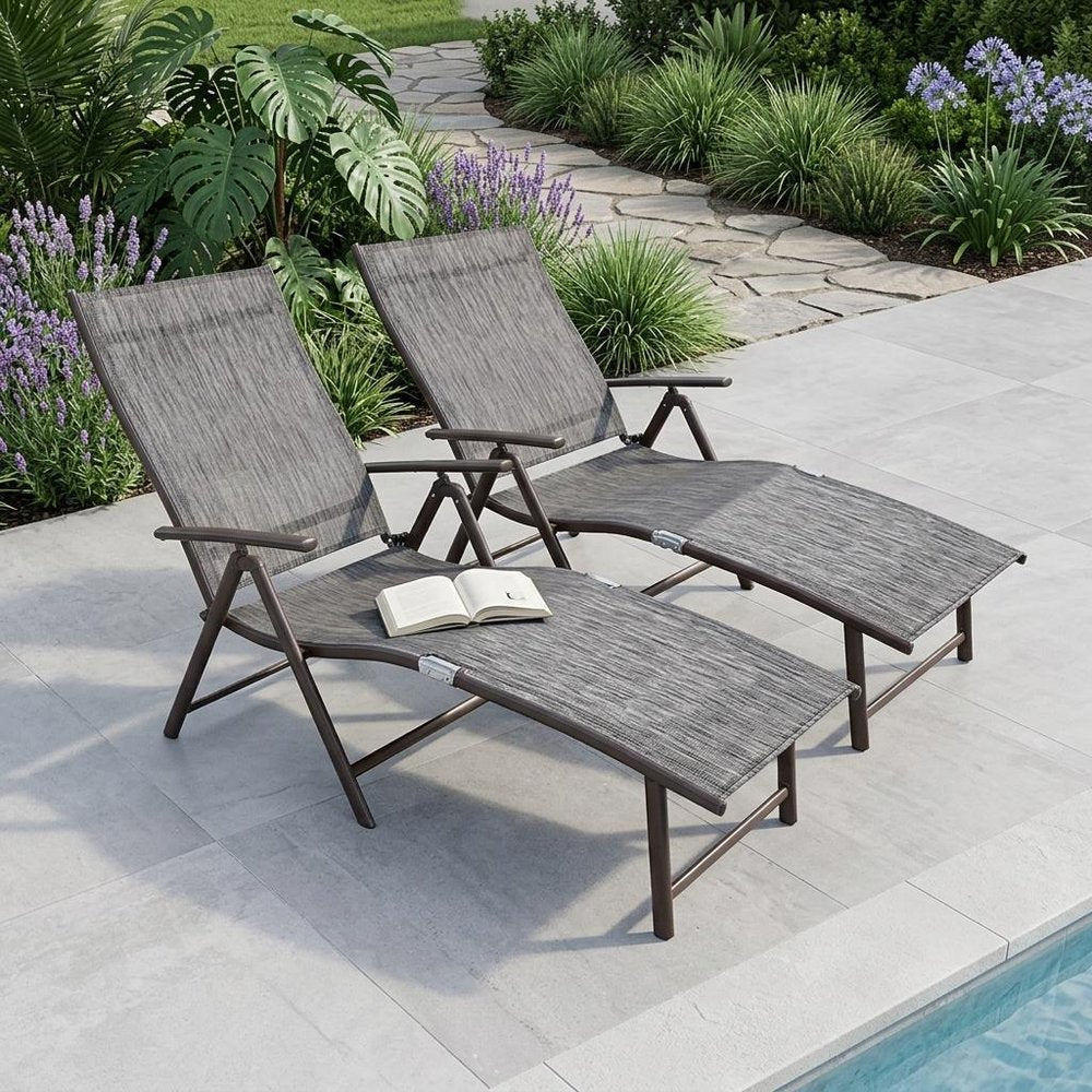 Set of Two Gray Aluminum Eight Position Adjustable Sling Outdoor Folding Chaise Lounges HomeRoots