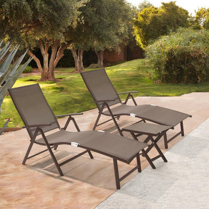 Set of Two Brown Aluminum Eight Position Adjustable Sling Outdoor Folding Chaise Lounges HomeRoots