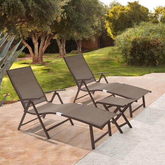Set of Two Brown Aluminum Eight Position Adjustable Sling Outdoor Folding Chaise Lounges