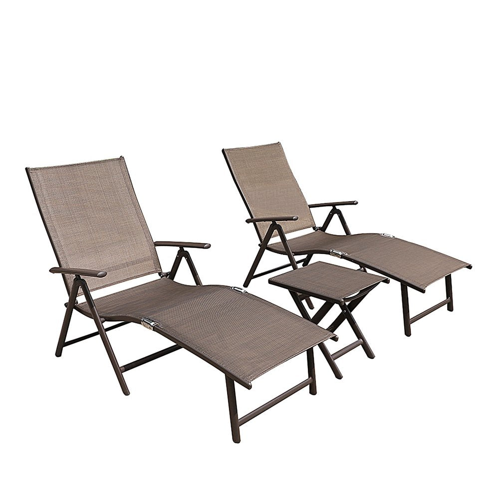 Set of Two Brown Aluminum Eight Position Adjustable Sling Outdoor Folding Chaise Lounges — view 4