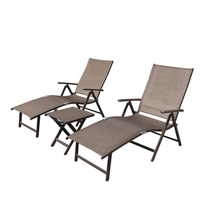Set of Two Brown Aluminum Eight Position Adjustable Sling Outdoor Folding Chaise Lounges HomeRoots
