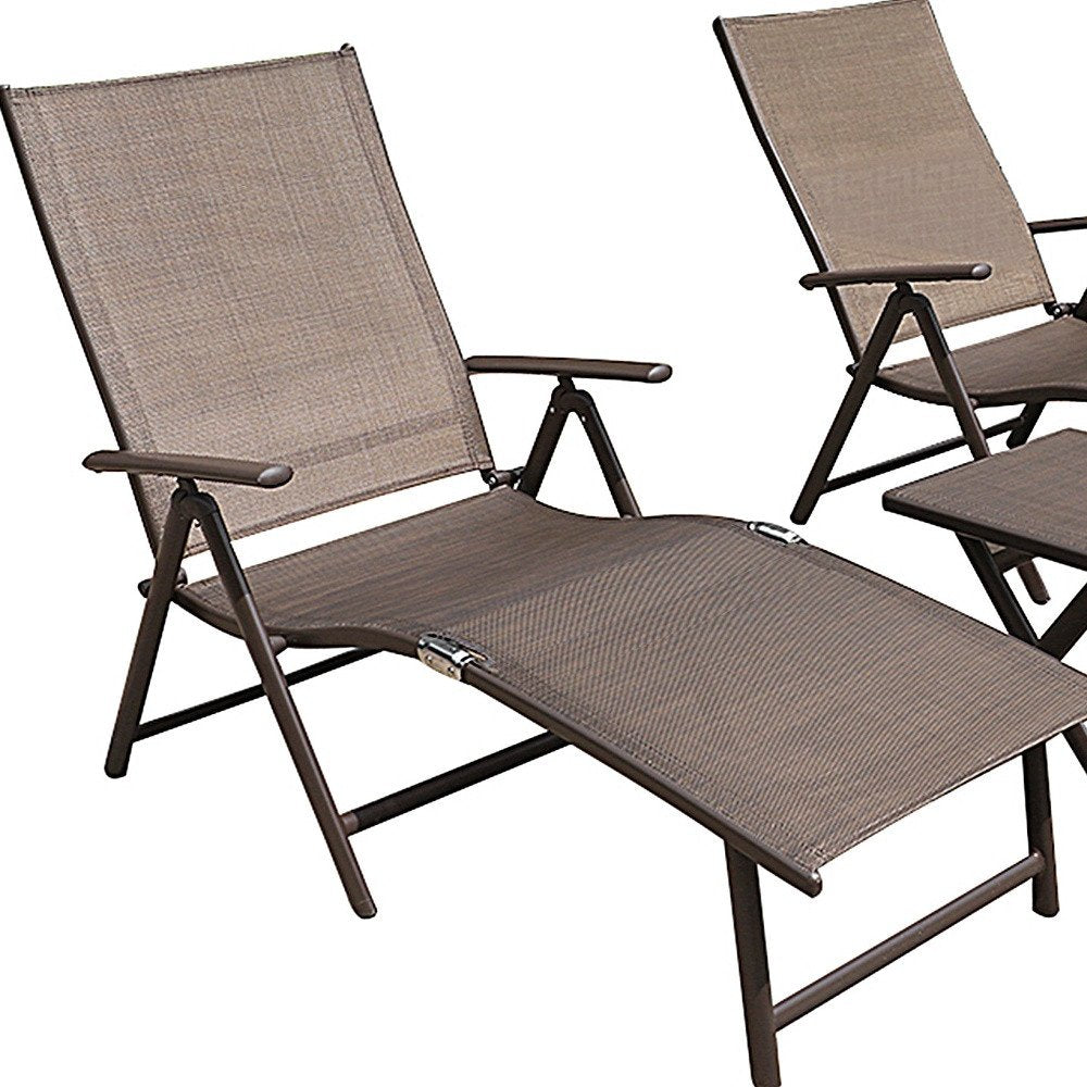 Set of Two Brown Aluminum Eight Position Adjustable Sling Outdoor Folding Chaise Lounges HomeRoots