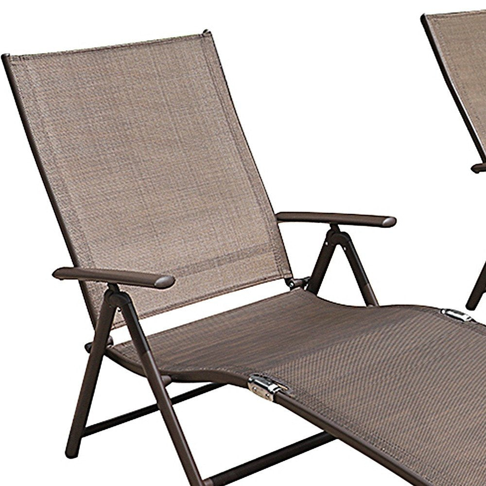 Set of Two Brown Aluminum Eight Position Adjustable Sling Outdoor Folding Chaise Lounges HomeRoots