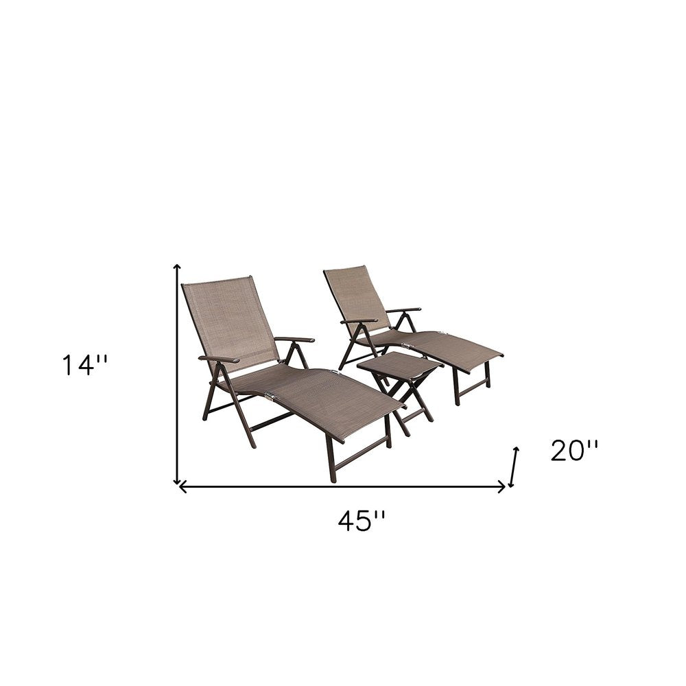 Set of Two Brown Aluminum Eight Position Adjustable Sling Outdoor Folding Chaise Lounges HomeRoots