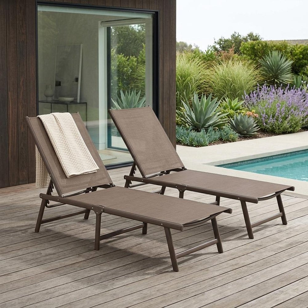Set of Two Brown Aluminum Eight Position Adjustable Sling Outdoor Folding Chaise Lounges — view 2