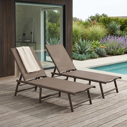 Set of Two Brown Aluminum Eight Position Adjustable Sling Outdoor Folding Chaise Lounges