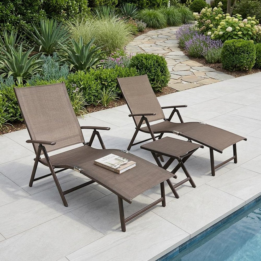 Set of Two Brown Aluminum Eight Position Adjustable Sling Outdoor Folding Chaise Lounges HomeRoots