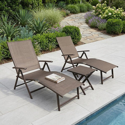 Set of Two Brown Aluminum Eight Position Adjustable Sling Outdoor Folding Chaise Lounges