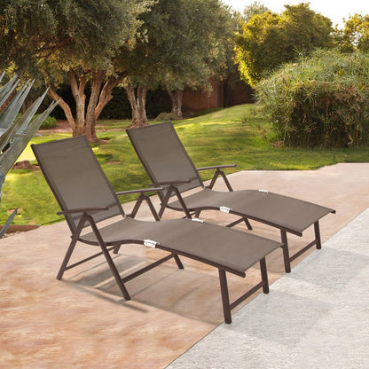 Set of Two Brown Aluminum Eight Position Adjustable Sling Outdoor Folding Chaise Lounges HomeRoots