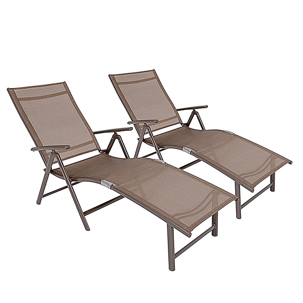 Set of Two Brown Aluminum Eight Position Adjustable Sling Outdoor Folding Chaise Lounges HomeRoots